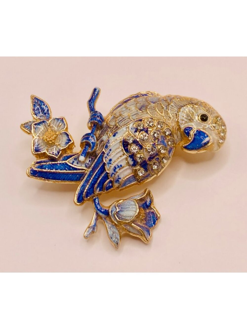 Blue & White Enamel Parrot Brooch Pin Floral Design Gold-Tone -32B - Picture 3 of 5